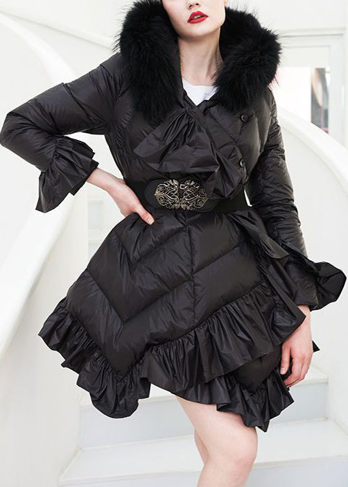 Unique Black Raccoon Hair Collar Ruffled Duck Down Down Coat Winter