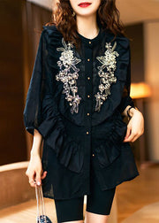 Unique Black Ruffled Nail Bead Patchwork Chiffon Shirts Spring