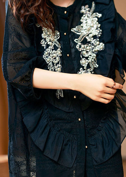 Unique Black Ruffled Nail Bead Patchwork Chiffon Shirts Spring