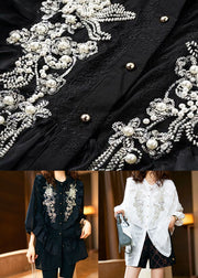 Unique Black Ruffled Nail Bead Patchwork Chiffon Shirts Spring