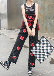 Unique Black Ruffled Nail Bead Patchwork Spaghetti Strap Denim Jumpsuits Summer