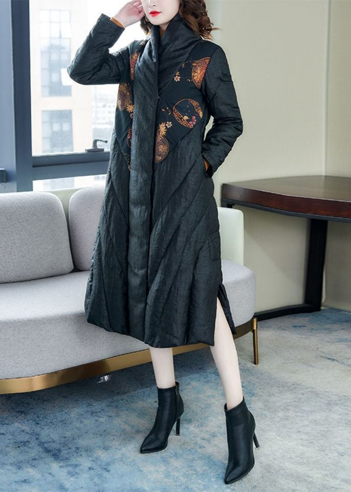 Unique Black Side Open Print Thick Fine Cotton Filled Coat Winter