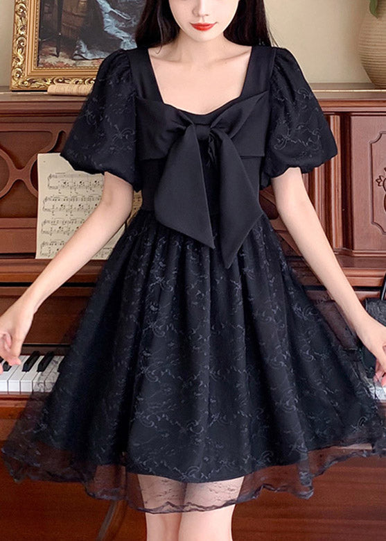 Unique Black Square Collar Patchwork Bow Tulle Mid Dresses Summer