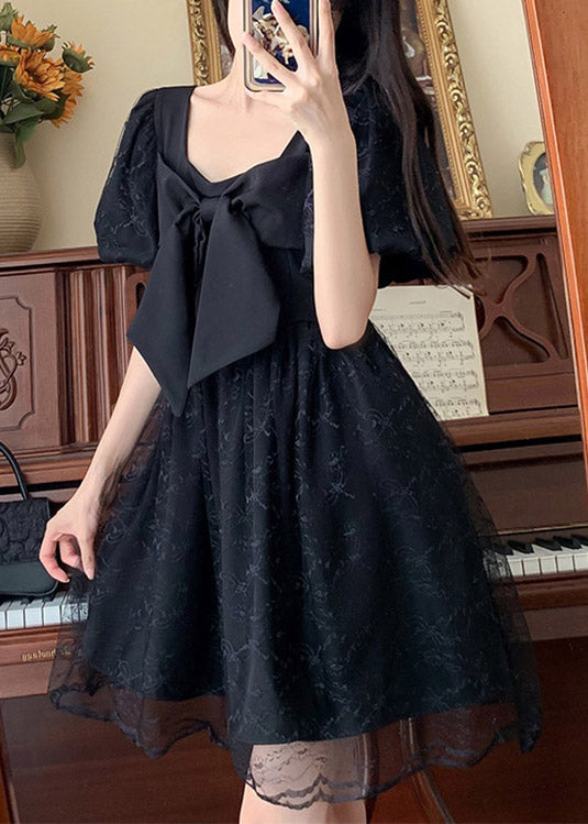 Unique Black Square Collar Patchwork Bow Tulle Mid Dresses Summer