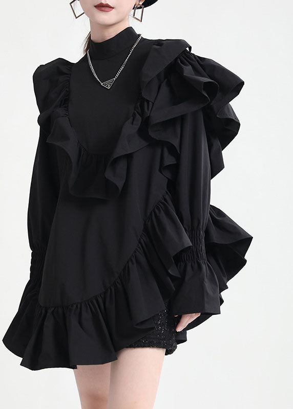 Unique Black Stand Collar Asymmetrical Design Cotton Blouse Top Fall