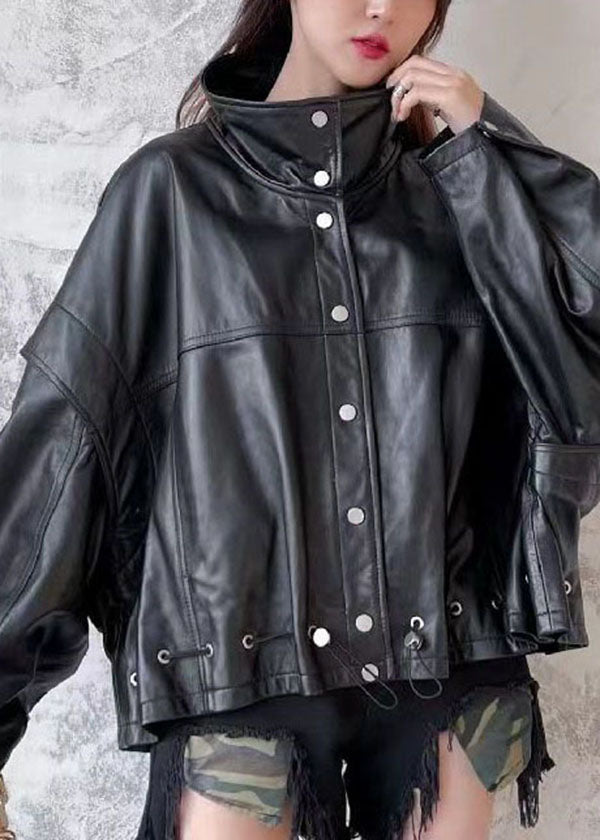 Unique Black Stand Collar Cinched Patchwork Faux Leather Jacket Fall