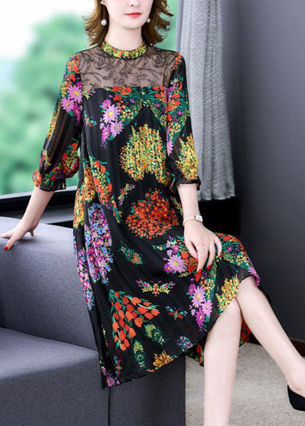 Unique Black Stand Collar Lace Patchwork Hollow Out Print Chiffon Dress Bracelet Sleeve