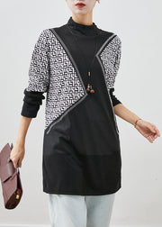 Unique Black Stand Collar Print Cotton Shirt Top Fall