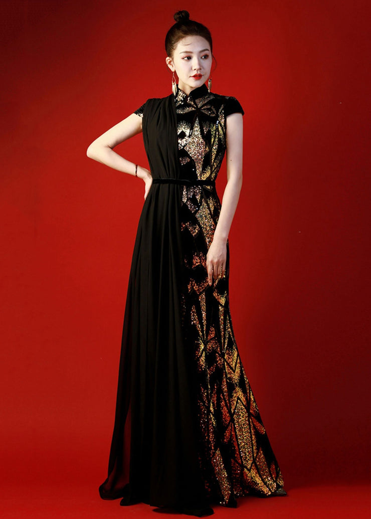 Unique Black Stand Collar Sequins Patchwork Maxi Dresses Summer