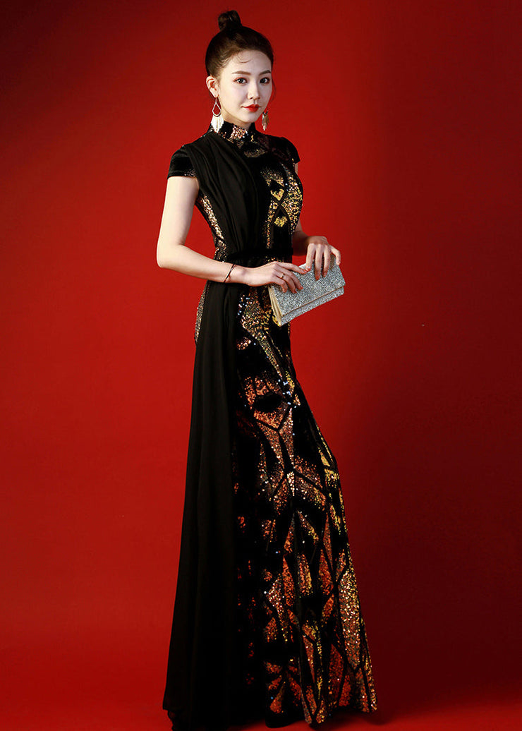 Unique Black Stand Collar Sequins Patchwork Maxi Dresses Summer