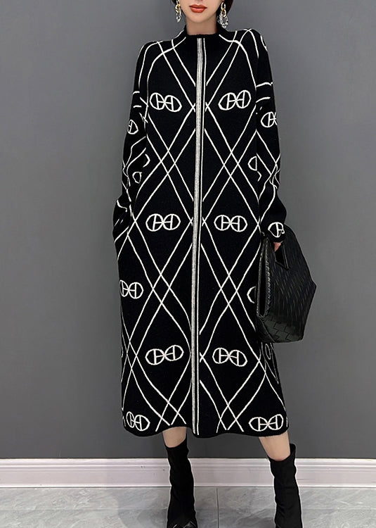 Unique Black Stand Collar White Striped Patchwork Knit Long Dress Fall