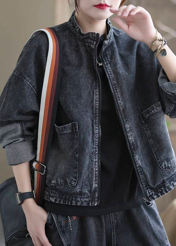 Unique Black Stand Collar Zippered Patchwork Pockets Cotton Denim Coats Long Sleeve