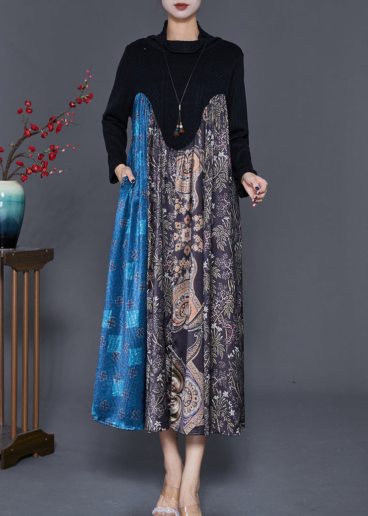 Unique Black Turtle Neck Patchwork Knit Maxi Dresses Fall