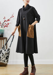 Unique Black Turtle Neck Patchwork Pockets Cotton Dress Fall