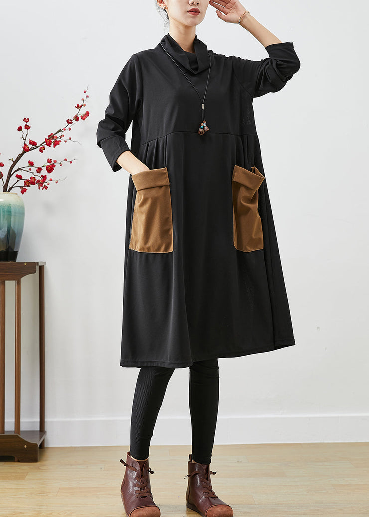 Unique Black Turtle Neck Patchwork Pockets Cotton Dress Fall