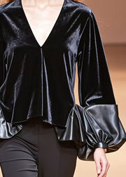 Unique Black V Neck Patchwork PU Silk Velour Tops Lantern Sleeve