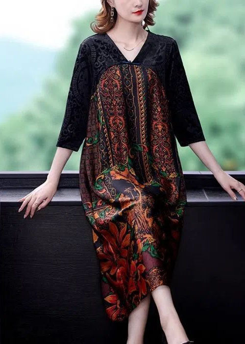 Unique Black V Neck Patchwork Print Silk Velour Long Dress Spring