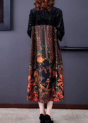 Unique Black V Neck Patchwork Print Silk Velour Long Dress Spring