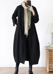 Unique Black V Neck Pockets Linen Trench Coats Long Sleeve