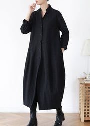 Unique Black V Neck Pockets Linen Trench Coats Long Sleeve