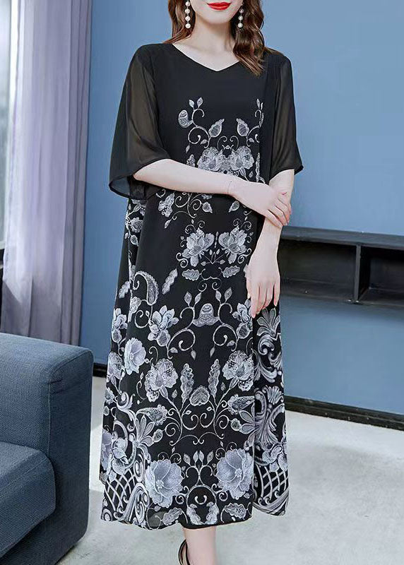 Unique Black V Neck Print Patchwork Chiffon Dress Summer