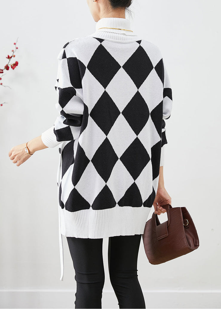 Unique Black White Plaid Turtle Neck Knit Pullover Winter