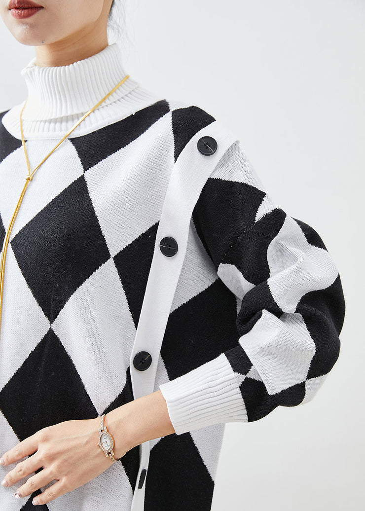 Unique Black White Plaid Turtle Neck Knit Pullover Winter