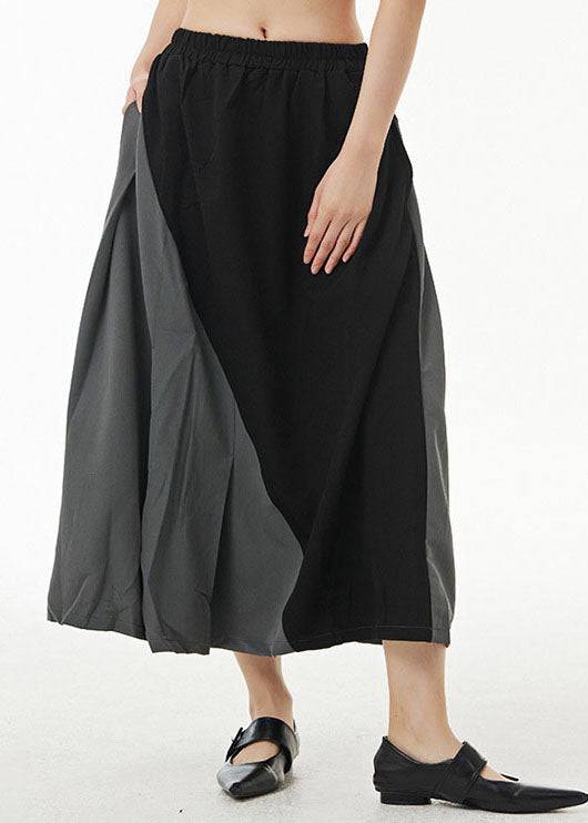 Unique Black Wrinkled Pockets Patchwork Cotton Skirts Summer