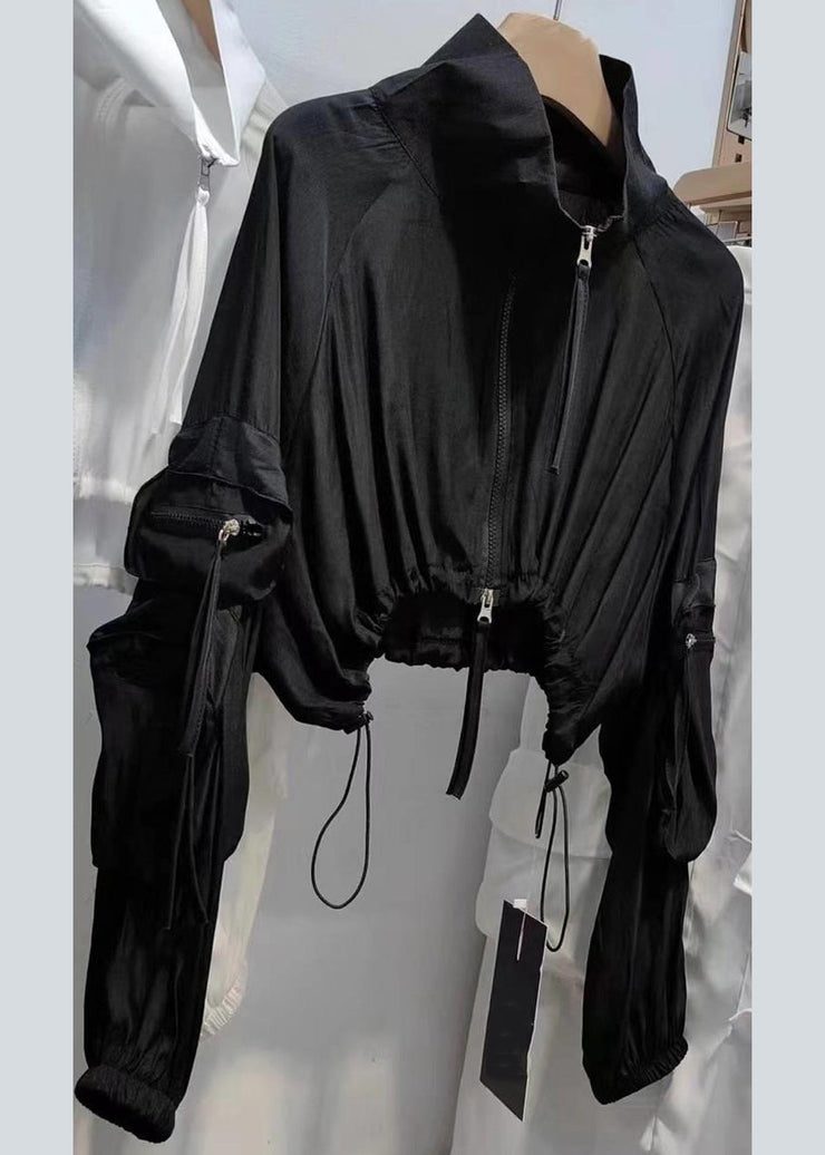 Unique Black Zip Up Drawstring Patchwork Cotton Coats Fall