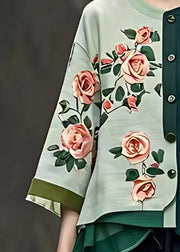 Unique Blackish Green O-Neck Floral Button Coats Bracelet Sleeve