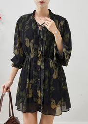 Unique Blackish Green Print Wrinkled Chiffon Day Dress Fall