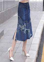 Unique Blue Asymmetrical Chiffon Patchwork Design Denim Skirt Spring