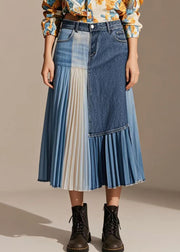 Unique Blue Asymmetrical Patchwork Wrinkled Denim Skirts Fall