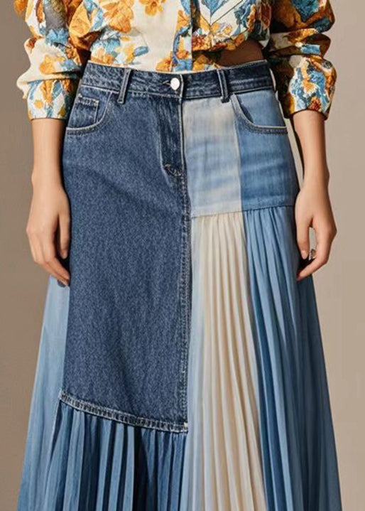 Unique Blue Asymmetrical Patchwork Wrinkled Denim Skirts Fall