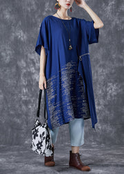 Unique Blue Asymmetrical Patchwork Zippered Cotton Dresses Summer