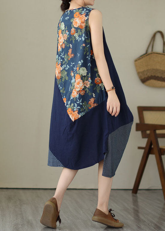 Unique Blue Asymmetrical Print Patchwork Linen Exra Large Hem Dress Sleeveless