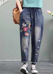 Unique Blue Cartoon Embroideried Pockets Patchwork Denim Pants Spring