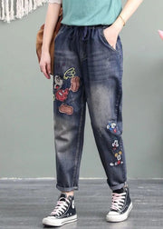 Unique Blue Cartoon Embroideried Pockets Patchwork Denim Pants Spring