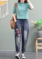 Unique Blue Cartoon Embroideried Pockets Patchwork Denim Pants Spring