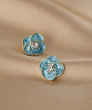 Unique Blue Copper Alloy Drip Glaze Floral Stud Earrings