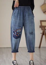 Unique Blue Elastic Waist Embroideried Patchwork Crop Pants Summer