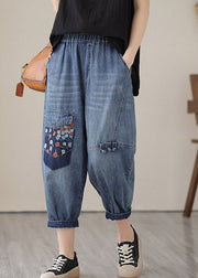 Unique Blue Elastic Waist Embroideried Patchwork Crop Pants Summer