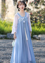 Unique Blue Embroideried Tasseled Wrinkled Patchwork Chiffon Long Dress Fall