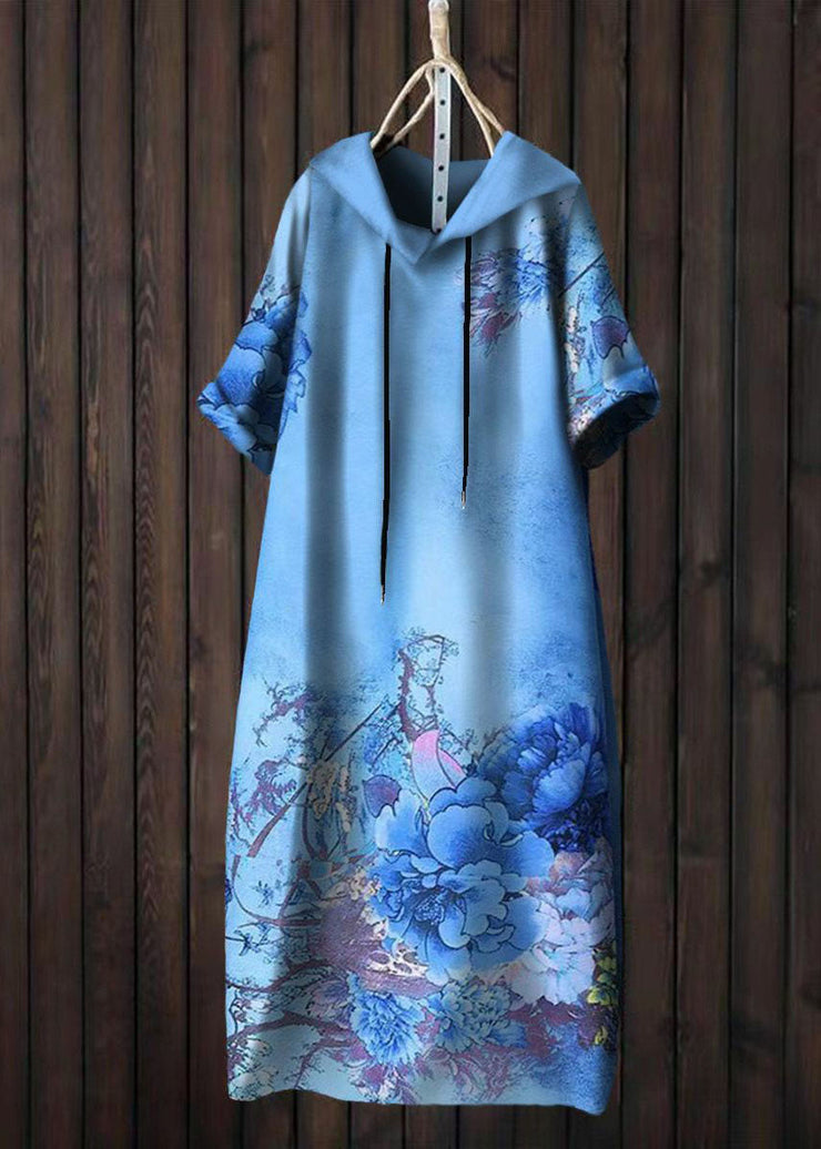 Unique Blue Hooded Print Patchwork Cotton Dress Summer