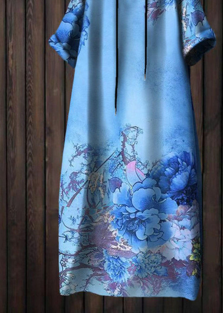 Unique Blue Hooded Print Patchwork Cotton Dress Summer