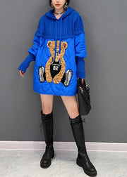 Unique Blue Little Bear Patchwork Drawstring Hooded Knit Parka Winter