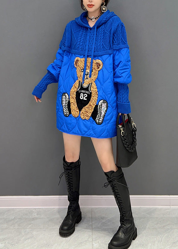 Unique Blue Little Bear Patchwork Drawstring Hooded Knit Parka Winter