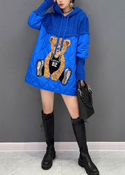 Unique Blue Little Bear Patchwork Drawstring Hooded Knit Parka Winter