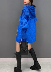 Unique Blue Little Bear Patchwork Drawstring Hooded Knit Parka Winter