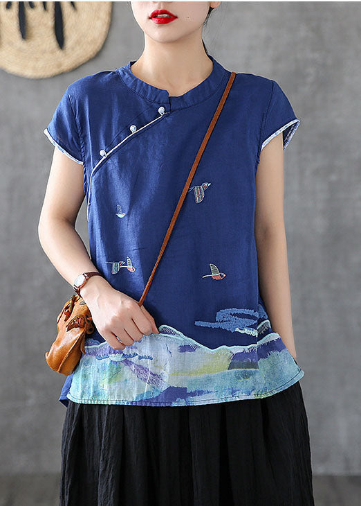 Unique Blue Mandarin Collar Embroidered Cotton Tank Tops Short Sleeve